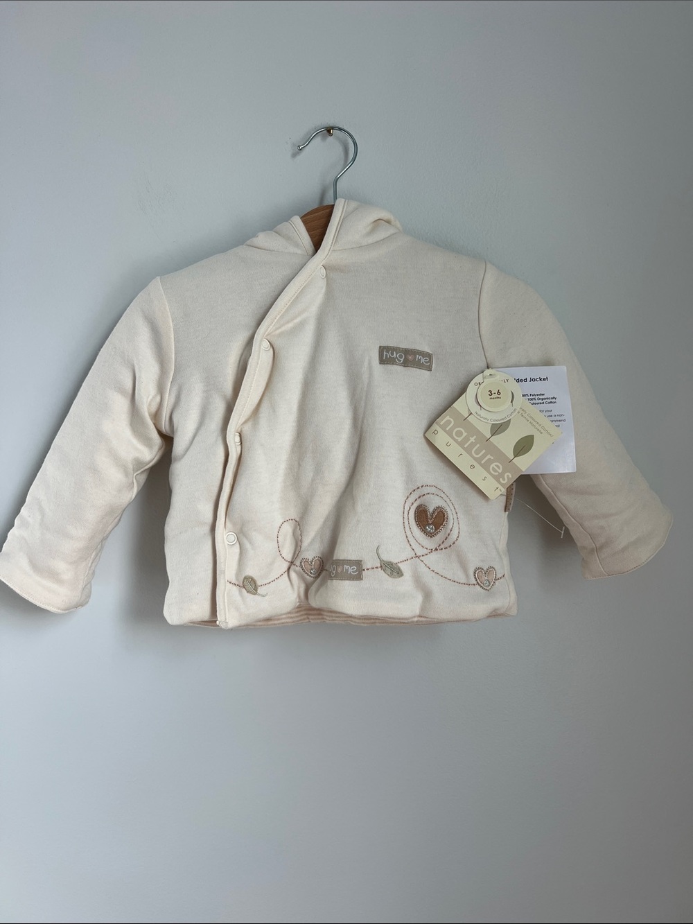 Natures Purest | Cream Hooded Baby Puffer Coat Heart Embroidery NWT Size 3-6M